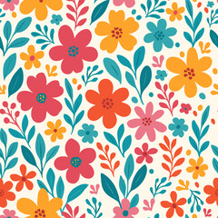 Colorful Floral Seamless Pattern with Decorative Leaves and Blossoms Vector Design
