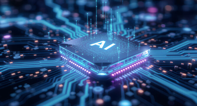 Futuristic ai microchip illuminates with neon blue and purple lights on a circuit board