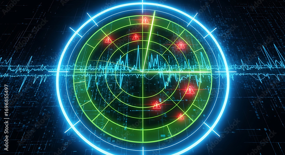 Fototapete futuristic digital radar screen with glowing signals and data waves representing navigation tracking