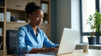 Flat Professional young African American business woman HR manager team leader executive wearing blue shirt working in office looking at laptop having video conference call virtual online meeting conc - Powered by Adobe