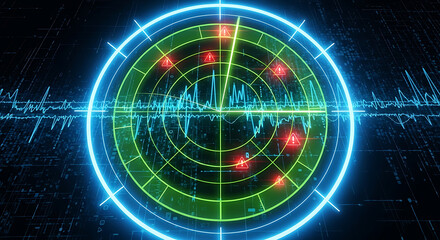 Futuristic digital radar screen with glowing signals and data waves representing navigation tracking and security system technology with cyber surveillance and electronic interface design