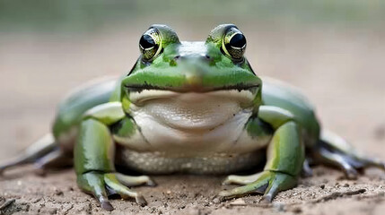 Vibrant green frog with striking eyes sits serenely on earthy ground