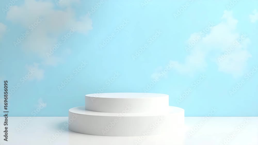 Poster white cylindrical podium with two levels used for displaying products on sky blue and cloud backgrou