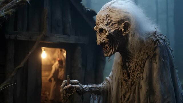 Baba Yaga folklore: mythic witch, magical guide, dark forest, chicken leg hut, nature force, ancient power, Slavic tales, magical assistance, villainous figure, mysterious enchantress