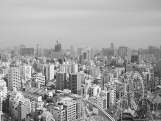 東京の街を俯瞰する高層ビルの眺望。イラスト風の写真。