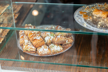 Traditional Spanish and Arabic sweets in shop display. Tarifa. Spain. September 2025.