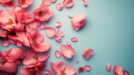 Beautiful pink cherry blossom petals scattered across a soft blue background in a serene and calming composition