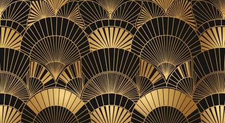 Elegant Gold and Black Art Deco Fan Pattern Seamless Vector Background