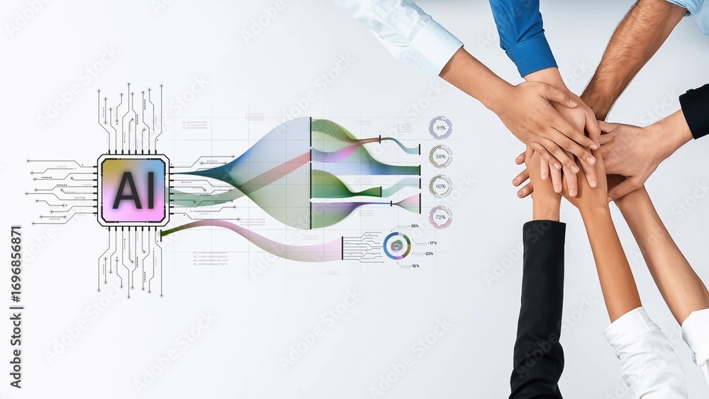 Poster a visual representation of teamwork and technological innovation, showcasing diverse hands united ov