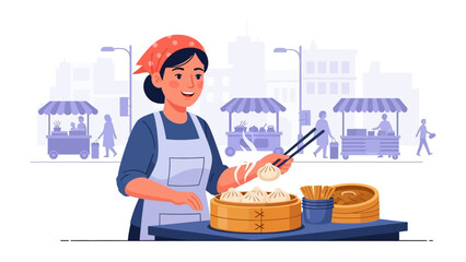 Culinary Street Scene: A street vendor skillfully prepares and serves freshly made dumplings, her presence adding a touch of culinary excellence to a vibrant urban scene.