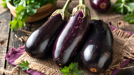 Fresh purple eggplants with parsley on rustic wooden table, healthy produce