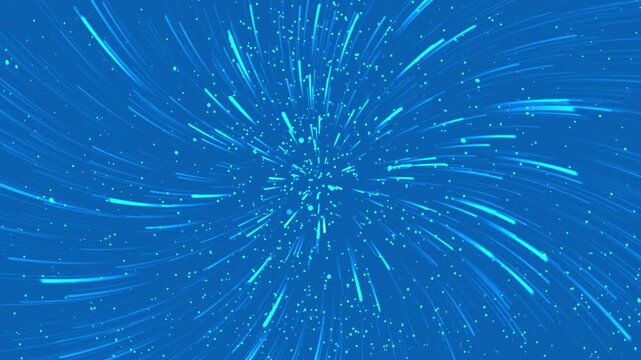 Hyperspace jump many glowing blue light lines spiraling from a point represent an interstellar futuristic hyperspace jump.