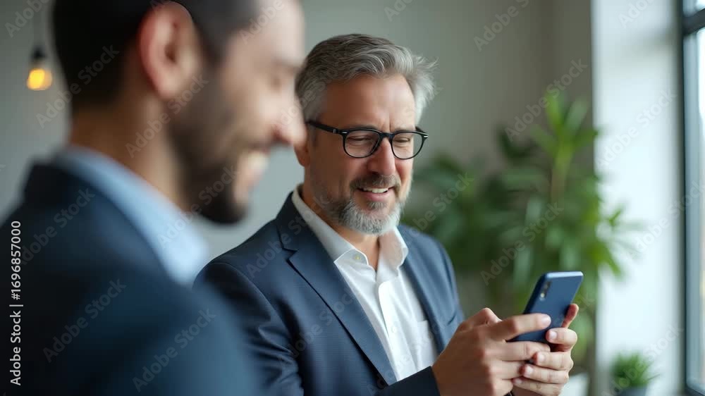 Poster flat cheerful middle aged executive using smartphone in office reflecting digital adaptability and e