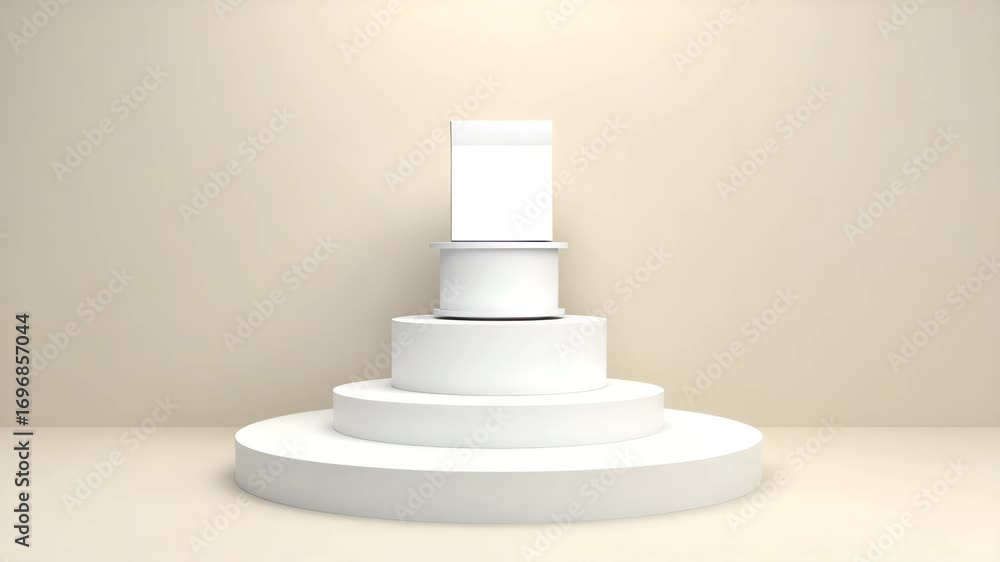 Poster flat white cylindrical podium with two levels used for displaying products set against a beige wall 