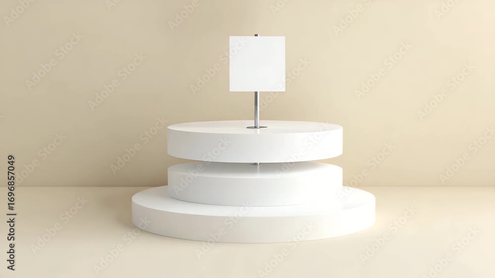 Poster flat white cylindrical podium with two levels used for displaying products set against a beige wall 