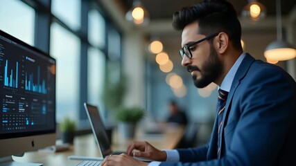 Flat Professional business man company employee busy Indian male worker software developer businessman analyst looking at computer thinking on online data management using laptop working at office. co - Powered by Adobe