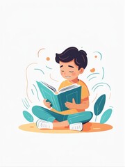 Fototapeta premium A child joyfully reading a book in an animated illustration