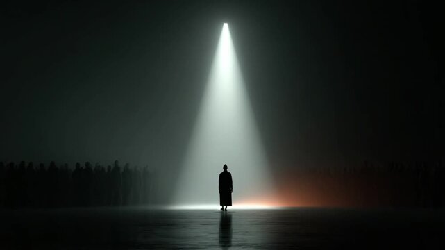 Mysterious Revelation: A lone figure stands illuminated in a powerful spotlight, dwarfed by a beam of celestial light, evoking a sense of awe, mystery, and introspection in a dark, atmospheric scene.