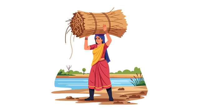 Village Woman Carrying Hay: A hardworking village woman gracefully balances a heavy bundle of hay atop her head, navigating a sandy path, demonstrating resilience and simplicity.