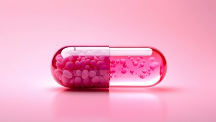 Close up of a pink capsule with half liquid and half solid on a pink background