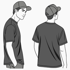 Fototapeta premium Young man wearing a t shirt and baseball cap shown from front and back angles