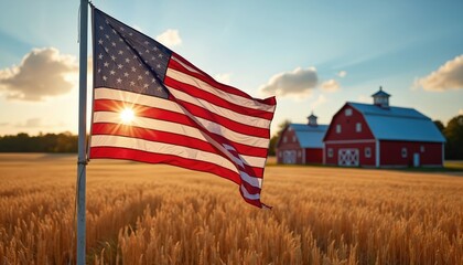 American flag waves over golden wheatfield at sunset. Rural farm with red barns in background. Symbolizes patriotism, freedom, and country life heritage. Warm light on rustic landscape.