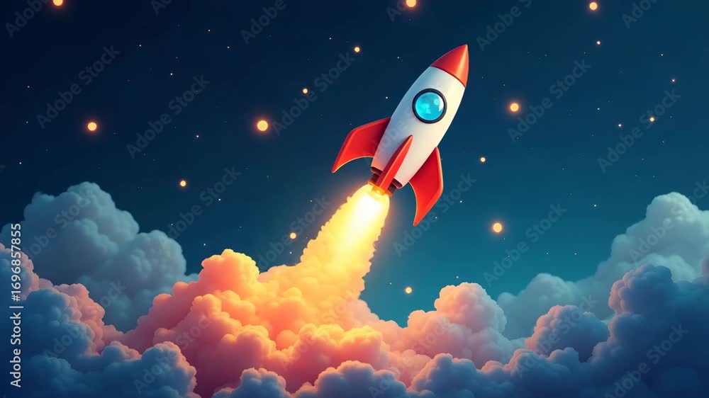 Poster colorful rocket blasting off into space with stars and clouds symbolizing innovation exploration and