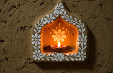Clay wall niche adorned with white floral patterns, featuring a small illuminated diwali diya oil lamp in the center.