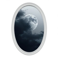 Full Moon Shines Through Dark Clouds Reflected in White Oval Frame