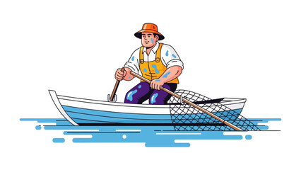 The Fisherman and His Boat: A determined fisherman navigates his small boat on a serene lake, casting his net for the day's catch, representing the quiet resilience and tradition of angling.