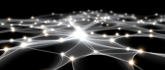 Dense network of white dots and lines create an intricate pattern highlighted by subtle lighting effects on a dark backdrop