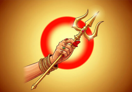 One hand of Goddess Durga and a trident in her hand in golden and red background