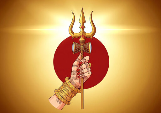 One hand of Goddess Durga and a trident in her hand in gold and deep red background