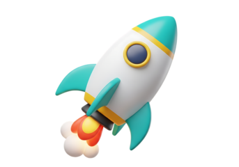 3D rendering of a rocket taking off on a black background
