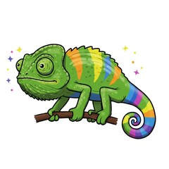 Fototapeta premium Vibrant Green Chameleon with Rainbow Stripes on a White Background Illustration