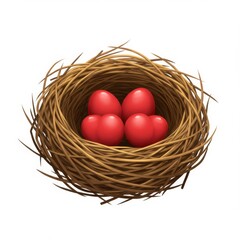 Fototapeta premium Detailed Bird Nest with Four Red Eggs on a White Background Artistic Design