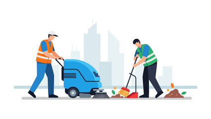 Obraz premium Urban Cleaners: Dedicated sanitation workers diligently maintain city streets using a variety of tools, ensuring a tidy and well-kept urban landscape.