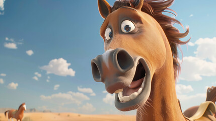 Expressive animated horse with wide eyes and open mouth in a desert landscape
