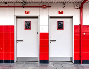 Two white doors with red tiles