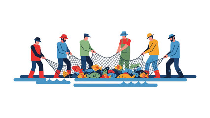 Fisherman's Catch: A group of fishermen working together, hauling in a net full of fish, showing teamwork and a successful harvest. © Mohiuddin123