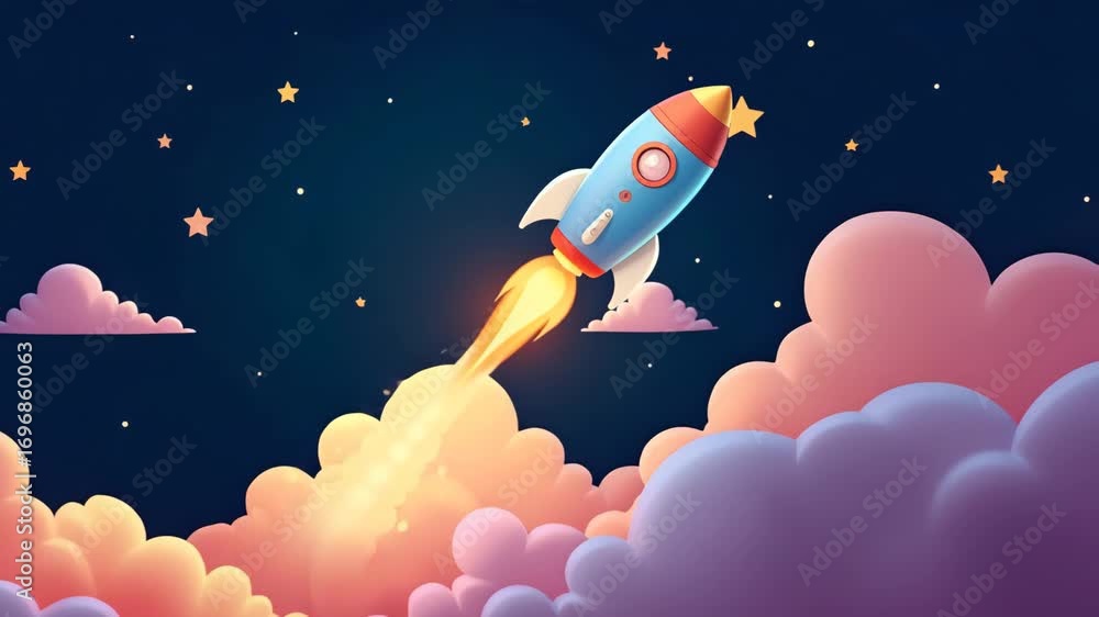 Poster flat colorful rocket blasting off into space with stars and clouds symbolizing innovation exploratio