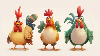 Three whimsical cartoon roosters with expressive eyes and vibrant feathers