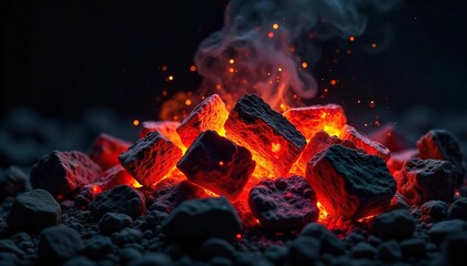 Intense heat radiating from glowing coals on a stark black background; abstract representation of fiery energy and thermal intensity , flame, intensity, background