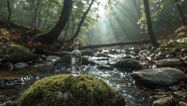 A serene bottle, filled with a captivating note, rests gracefully upon a moss-covered rock in the center of a clear stream, a message in a bottle.