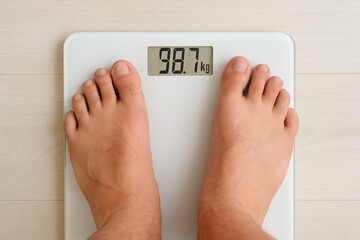 Close-up of male feet standing on a digital scale showing 98.7 kg, symbolizing overweight, obesity problem, weight loss, and health monitoring.