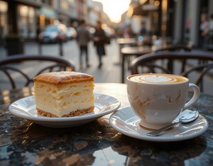 Delicious cheesecake and coffee served at an outdoor cafe on a sunny day.