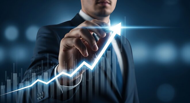 Businessman pointing at a glowing upward arrow on a digital screen