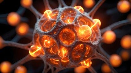 Illuminated cellular structure with glowing orbs and intricate interconnected network design