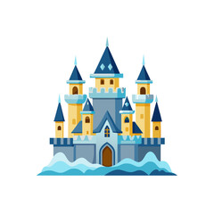 Obraz premium A cartoonstyle illustration of a blue and yellow castle with tall towers and a stone wall set against a white background with clouds | Premium AI-generated vector 