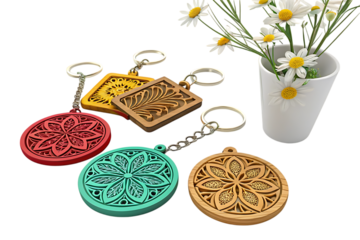 Colorful carved wooden keychains with floral patterns and a vase of daisies